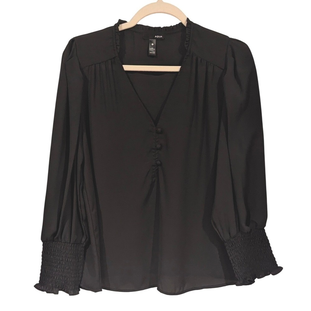 AQUA Black Ruffle Trim Long Sleeve Button‎ Blouse - Size Small